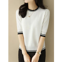 Women's Clothing 2024 Summer Fashion Contrast Color Elegant Sweet Knitted T-shirts Casual O Neck Half Sleeve Loose Pullover Tops