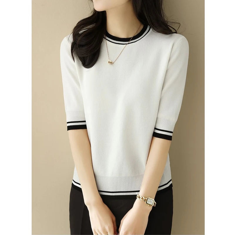 Women's Clothing 2024 Summer Fashion Contrast Color Elegant Sweet Knitted T-shirts Casual O Neck Half Sleeve Loose Pullover Tops