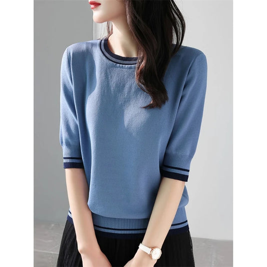 Women's Clothing 2024 Summer Fashion Contrast Color Elegant Sweet Knitted T-shirts Casual O Neck Half Sleeve Loose Pullover Tops