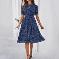 Women's Clothing 2025 Spring and Summer Temperament Casual Polka Dot Lace-up Printed Dress