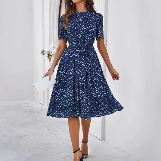 Women's Clothing 2025 Spring and Summer Temperament Casual Polka Dot Lace-up Printed Dress