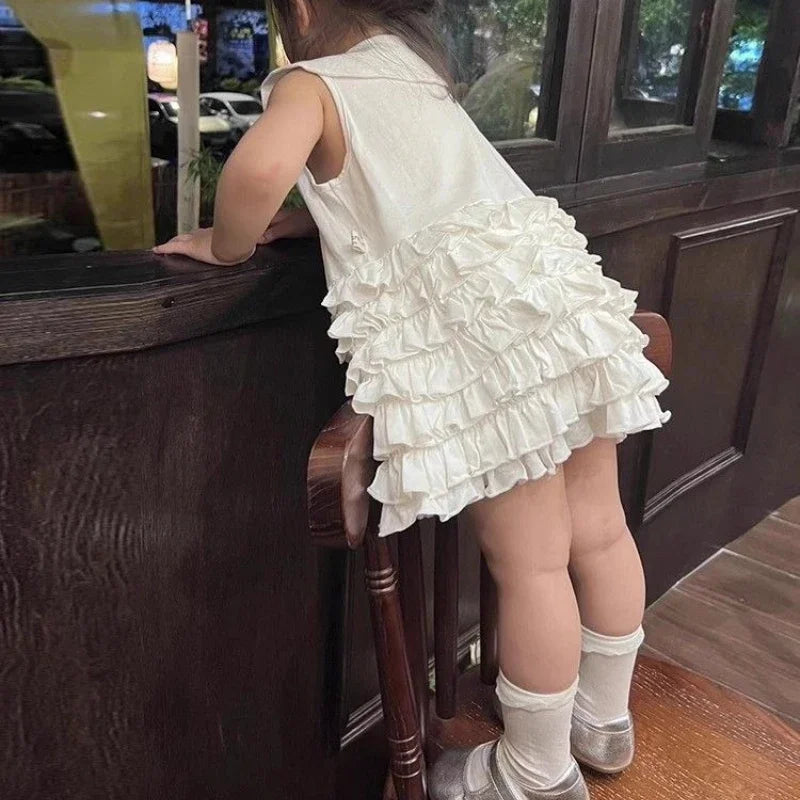Children's Clothing 2025 Summer New Sweet White POLO Collar Vest Skirt Girls' Patchwork Pleated Cake