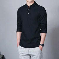 Men's Clothing  Men Spring Tops & Tees Male Fashion T-Shirts Stand Collar Long-sleeved Slim Base Shirt Homme Linen t-shirt
