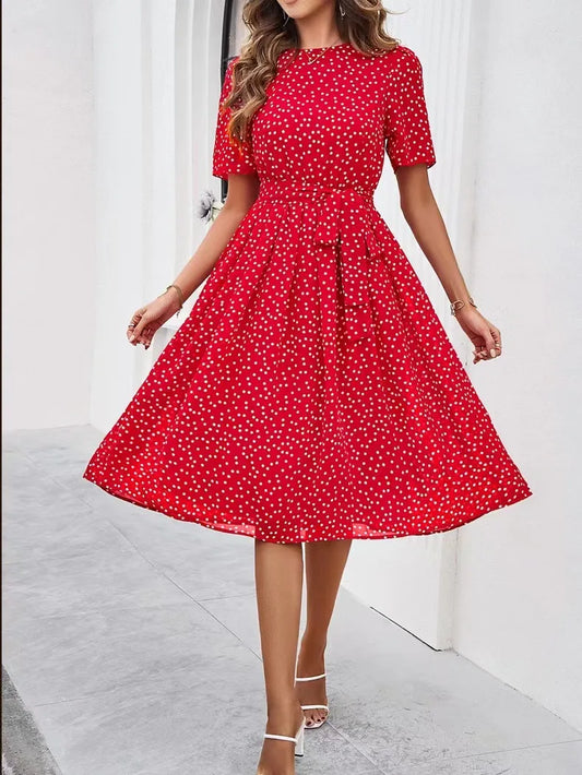 Women's Clothing 2025 Spring and Summer Temperament Casual Polka Dot Lace-up Printed Dress