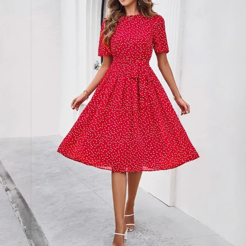 Women's Clothing 2025 Spring and Summer Temperament Casual Polka Dot Lace-up Printed Dress
