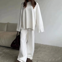 Women's Clothing 2025 Autumn New Solid Color Round Neck Fashion Casual Wide Leg Pants Sweater Suit Female