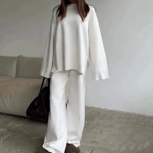 Women's Clothing 2025 Autumn New Solid Color Round Neck Fashion Casual Wide Leg Pants Sweater Suit Female