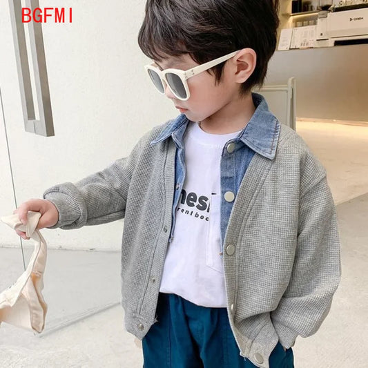 Children's Clothing for Boy Coat Spring Autumn Waffle Jacket Denim Collar Patchwork Top Fake Two Shirts Kids Outerwear 2-9 Y