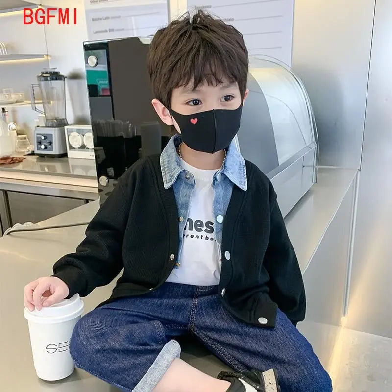 Children's Clothing for Boy Coat Spring Autumn Waffle Jacket Denim Collar Patchwork Top Fake Two Shirts Kids Outerwear 2-9 Y