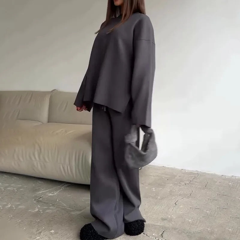 Women's Clothing 2025 Autumn New Solid Color Round Neck Fashion Casual Wide Leg Pants Sweater Suit Female