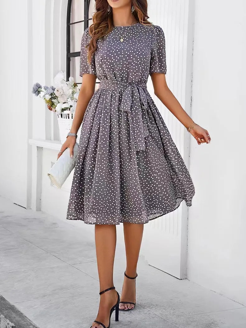 Women's Clothing 2025 Spring and Summer Temperament Casual Polka Dot Lace-up Printed Dress