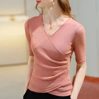 Women's Clothing 2022 Latest Fashion Blouses Elegant Summer T Shirt Free Shiping Elastic Glitter Blouses or Tops for Woman