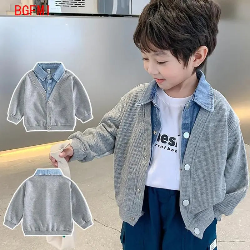 Children's Clothing for Boy Coat Spring Autumn Waffle Jacket Denim Collar Patchwork Top Fake Two Shirts Kids Outerwear 2-9 Y