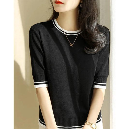 Women's Clothing 2024 Summer Fashion Contrast Color Elegant Sweet Knitted T-shirts Casual O Neck Half Sleeve Loose Pullover Tops