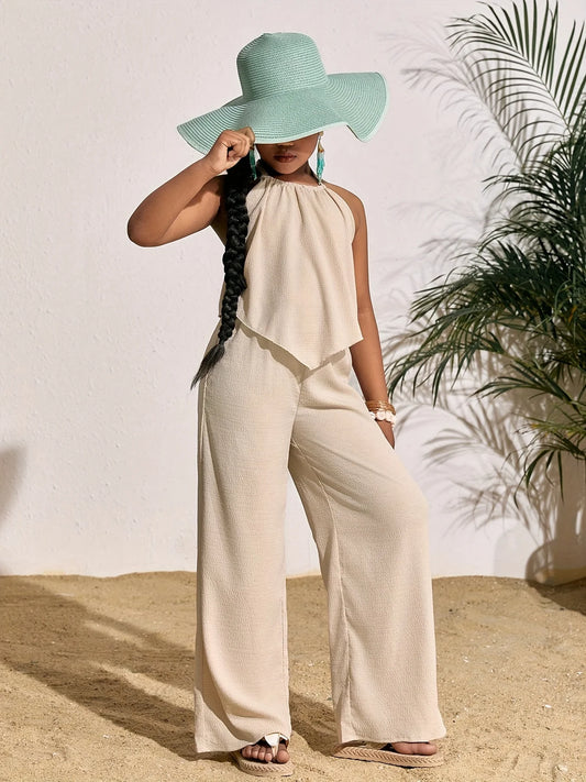 Children's Clothing for Girls: Holiday Casual Solid Color Sleeveless Top and Wide-Leg Pants Set, Girls' Long Pants Set, Children's Casual Fashion Wide-Leg Pants Outfit Suitable for Ages 8 to 12