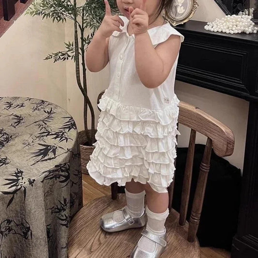 Children's Clothing 2025 Summer New Sweet White POLO Collar Vest Skirt Girls' Patchwork Pleated Cake