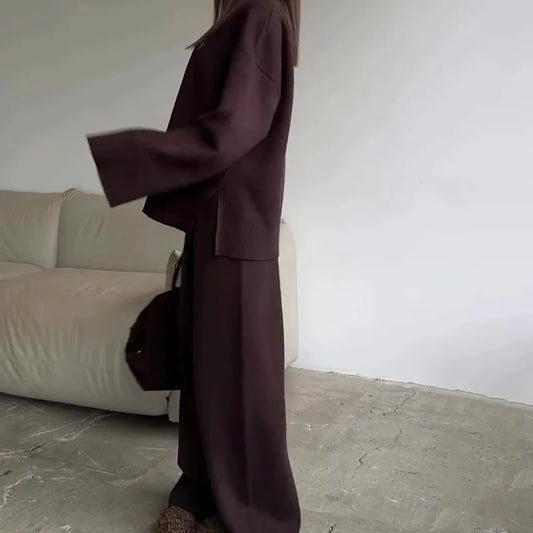 Women's Clothing 2025 Autumn New Solid Color Round Neck Fashion Casual Wide Leg Pants Sweater Suit Female
