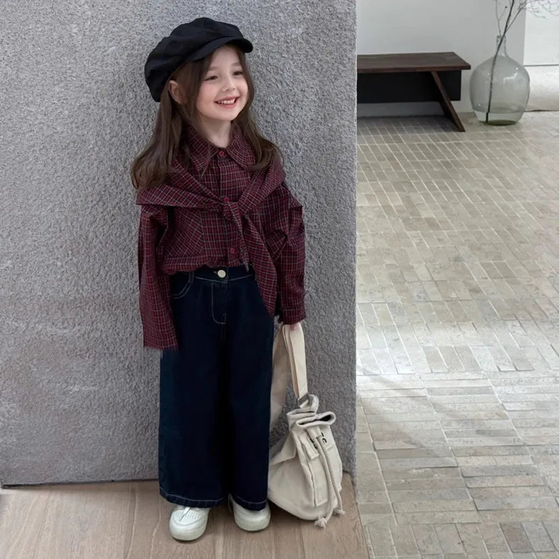 Children's clothing Girls' shirts Shawl plaid casual outdoor tops 2025 spring and autumn clothing new children's clothing trend