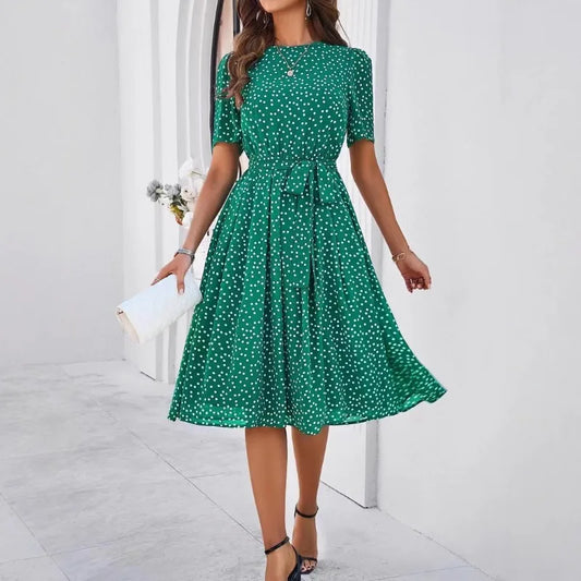 Women's Clothing 2025 Spring and Summer Temperament Casual Polka Dot Lace-up Printed Dress