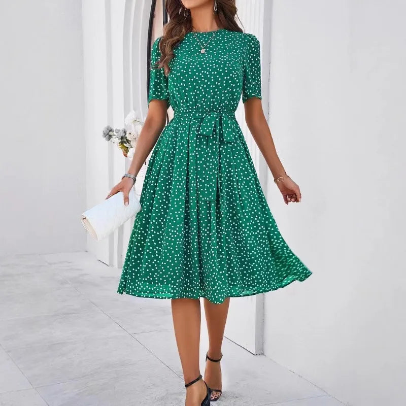 Women's Clothing 2025 Spring and Summer Temperament Casual Polka Dot Lace-up Printed Dress