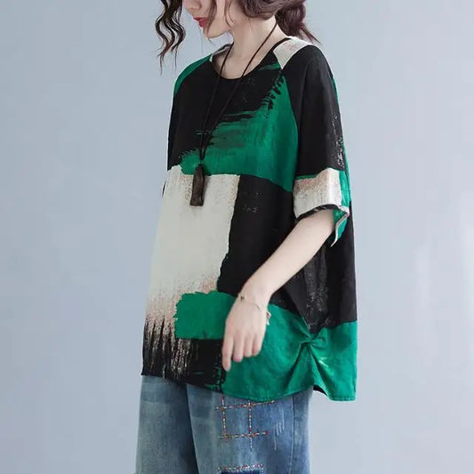 Women Clothing 2025 New Summer Clothing New Style Retro Loose Cotton Linen Short-sleeved T-shirt Top