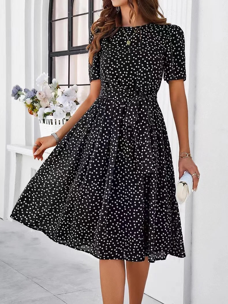Women's Clothing 2025 Spring and Summer Temperament Casual Polka Dot Lace-up Printed Dress