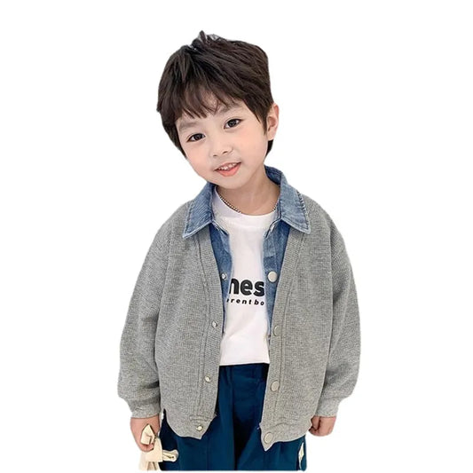 Children's Clothing for Boy Coat Spring Autumn Waffle Jacket Denim Collar Patchwork Top Fake Two Shirts Kids Outerwear 2-9 Y