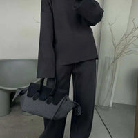 Women's Clothing 2025 Autumn New Solid Color Round Neck Fashion Casual Wide Leg Pants Sweater Suit Female