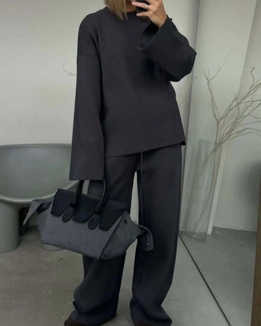 Women's Clothing 2025 Autumn New Solid Color Round Neck Fashion Casual Wide Leg Pants Sweater Suit Female