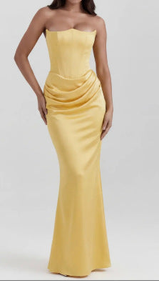 One Shoulder Pleated Bodysuit Dress Belle & Voile Yellow Ver1 / L