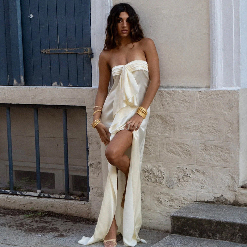 Elegant One-Shoulder Satin Dress Belle & Voile Apricot / S