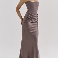 One Shoulder Pleated Bodysuit Dress Belle & Voile Taupe / S