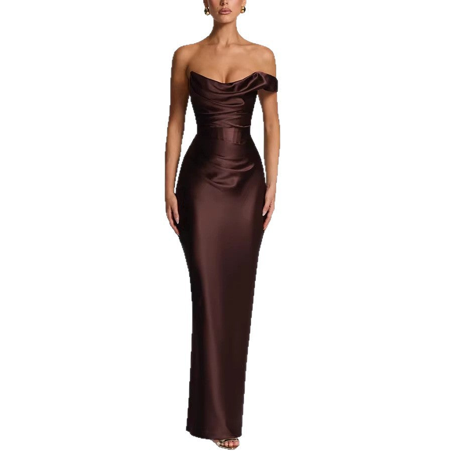 Off-Shoulder Satin Bodycon Dress Belle & Voile Coffee Brown / S