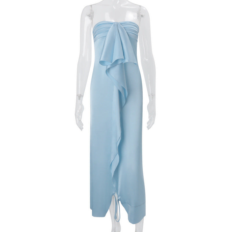 Elegant One-Shoulder Satin Dress Belle & Voile Blue / S