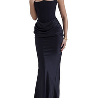 One Shoulder Pleated Bodysuit Dress Belle & Voile Black / XS