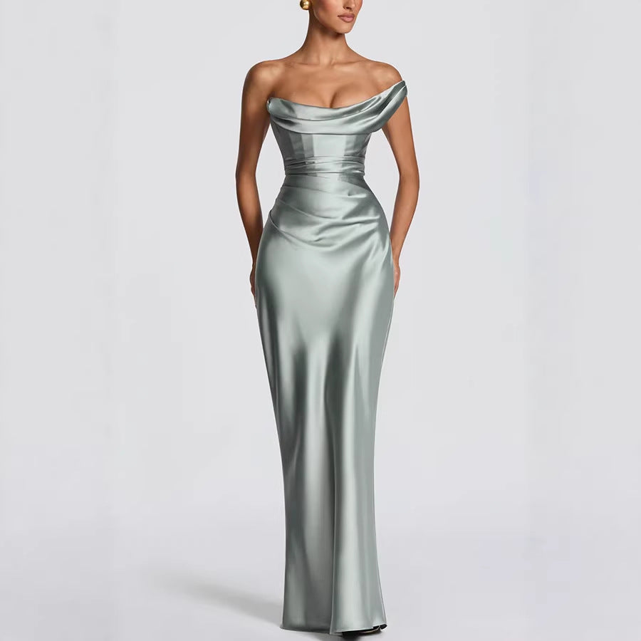 Off-Shoulder Satin Bodycon Dress Belle & Voile Ivy Green / S