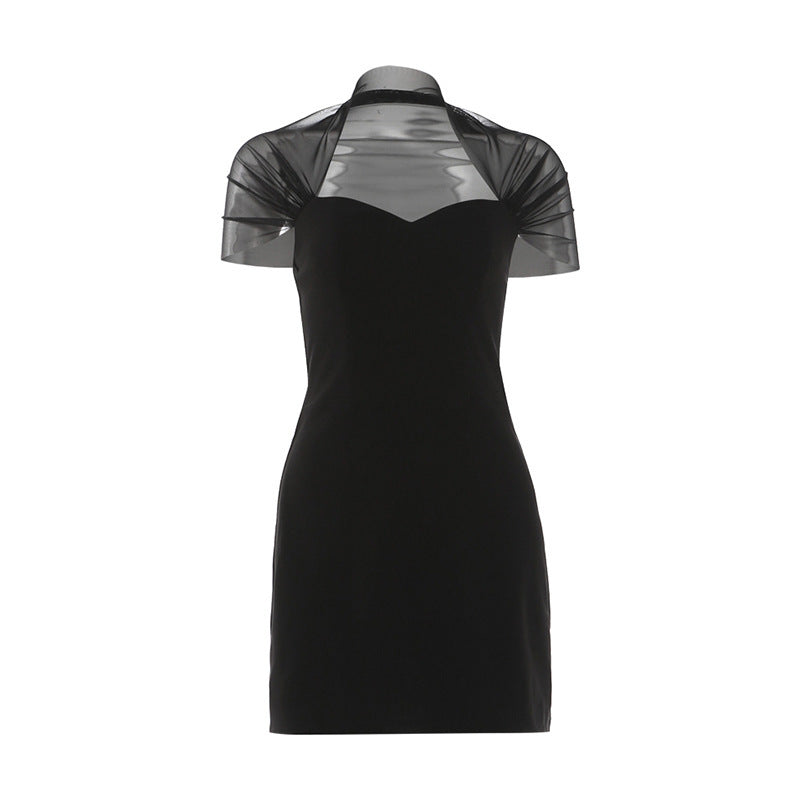 Elegant Mesh Panel Slim Dress Belle & Voile    Black / M
